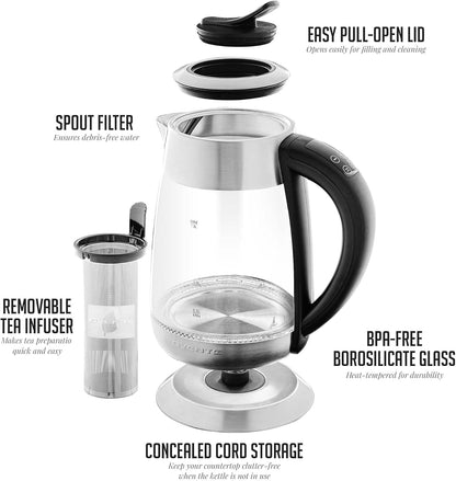 OVENTE 1.8L Glass Electric Kettle with Tea Infuser, Silver KGD752S | 1500W Fast Boiling, Easy Fill Lid, 7 Temperature Control, Keep Warm, Digital Display, Auto Shut-Off, Boil-Dry Protection