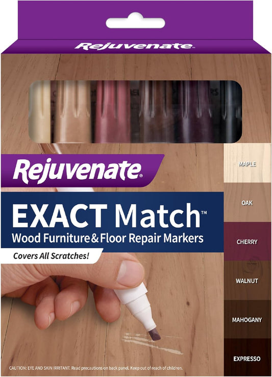 Rejuvenate Exact Match Wood Furniture & Floor Repair Markers, 6 Count, Brown Markers Cover All Scratches, Scuffs And Damage To Wood Furniture And Flooring | Covers Scratches & Scuffs on Furniture & Flooring, Colors: Maple, Oak, Cherry, Walnut, Mahogany,