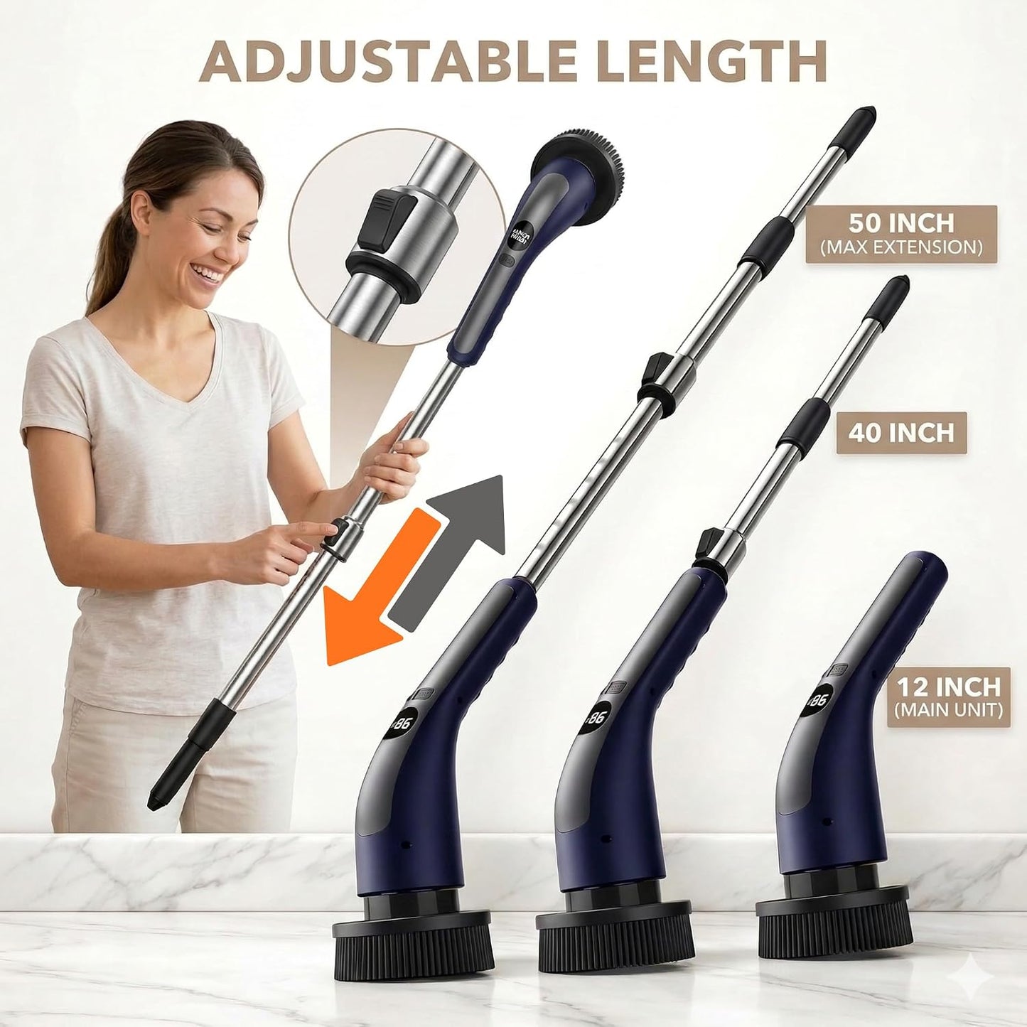 LIVINGPRO Electric Spin Scrubber for Bathroom Cleaning, Cordless Power Scrubber with 70W Dual Speed Motor, LCD Display, IPX7 Waterproof, Adjustable Handle, 7 Brush Heads for Tub Tile Shower Kitchen