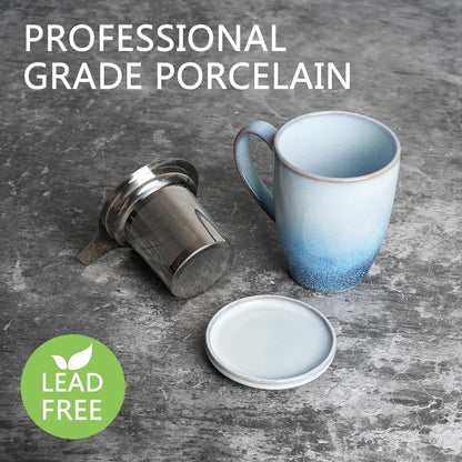 Bosmarlin Ceramic Tea Cup with Infuser and Lid, 13.5 Oz, Loose Leaf Tea Steeper Mug with Strainer, Microwave and Dishwasher Safe, Reactive Glaze (13.5 Oz, Pale Green)