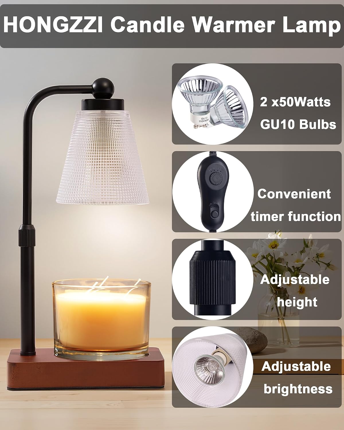 Candle Warmer Lamp with Timer, Dimmable, Adjustable Height, Oval | 2 bulbs included, no flame needed, 1-year warranty, farmhouse or modern decor, for bedroom, kitchen, living room, gifting