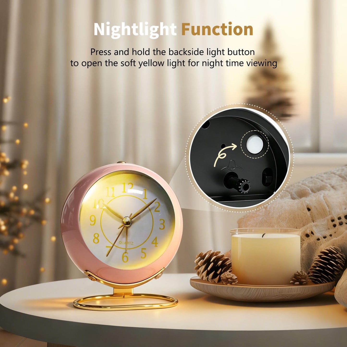 Analog Alarm Clock, Retro Small Desk Clock with Night Light, Backlight Cute Simple Design, Silent Non-Ticking, Battery Powered, Clock for Bedroom,Travel,Kitchen,Bedside Desktop Decor