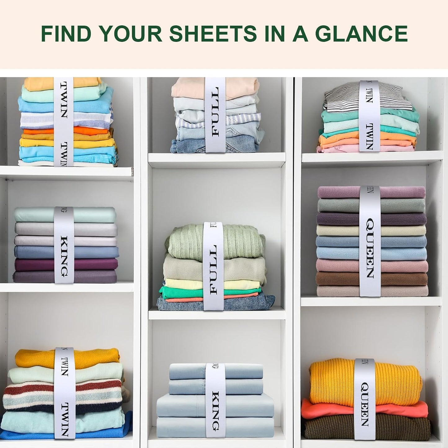 Bed Sheet Organizer Bands with Hook and Loop Adjustable Sheet Organizers and Storage Label Bands for Linen Closet-Elastic Bedding Sheet Keeper Straps for Bedsheet Sets (Queen 4PCs)