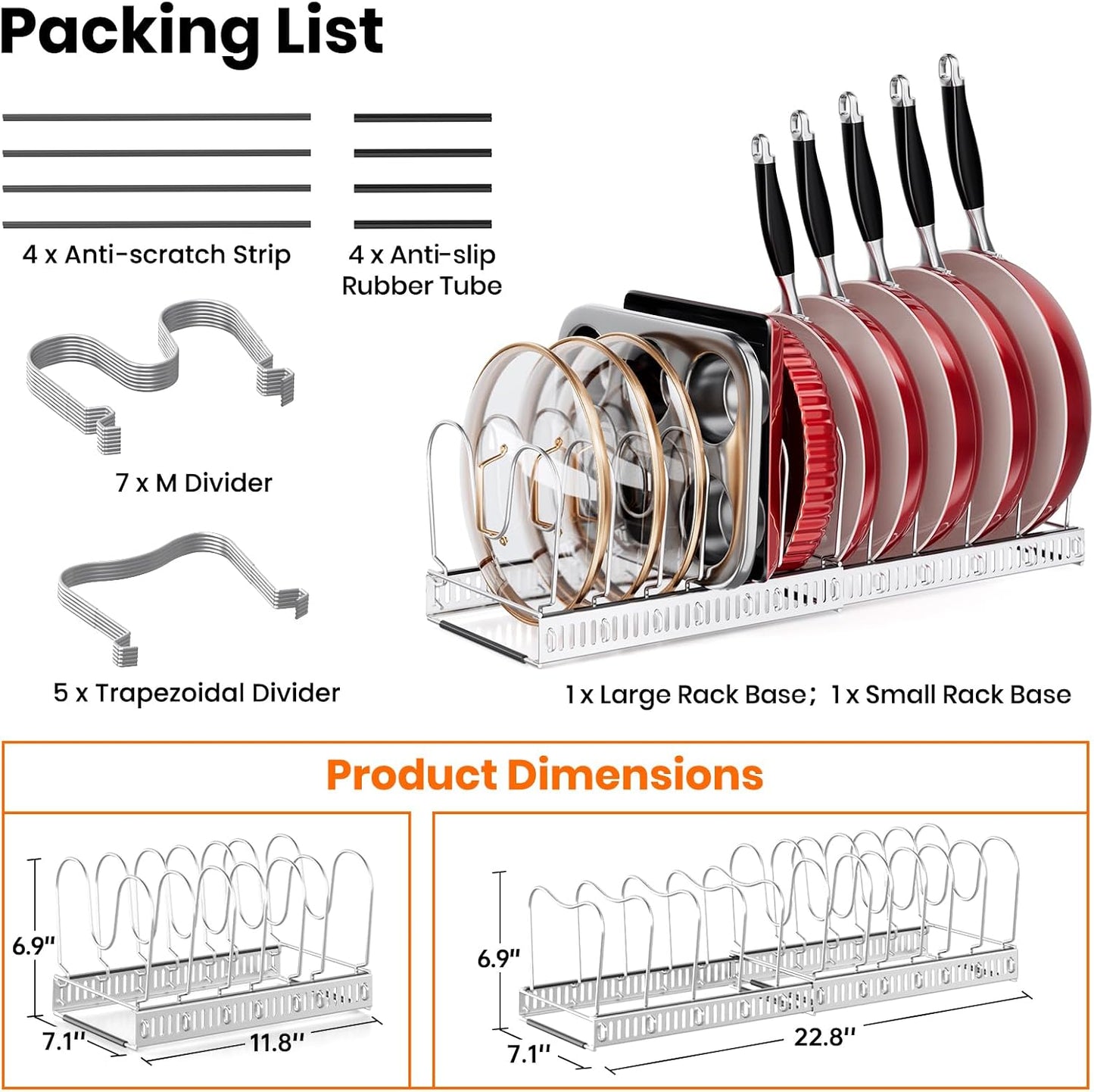 MUDEELA Expandable Pot Pan Lid Organizers inside Cabinet, 10 Divider-Black | Expandable 11.8–22.9", 10 Adjustable Divider, Tool-Free Assembly, Non-Slip, Scratch-Proof, For Pan Lid Cutting Board Bakeware