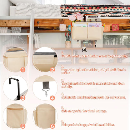 Bedside Caddy Organizer 5 Pockets and 4 Hooks for Bunk Bed Pink | Hanging Storage Bag for Headboards
