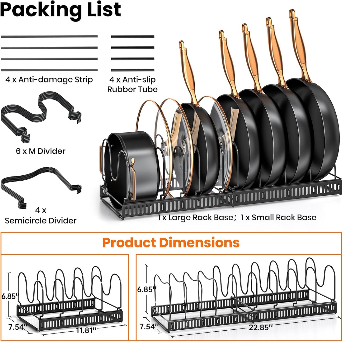 MUDEELA Expandable Pot Pan Lid Organizers inside Cabinet, 10 Divider-Black | Expandable 11.8–22.9", 10 Adjustable Divider, Tool-Free Assembly, Non-Slip, Scratch-Proof, For Pan Lid Cutting Board Bakeware