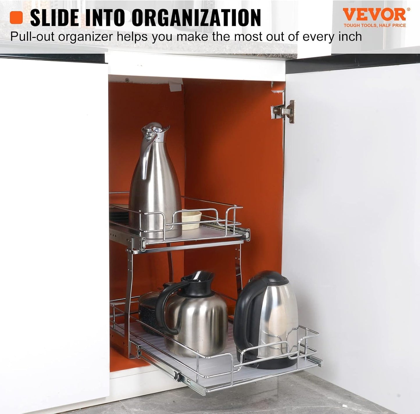 VEVOR Pull Out Cabinet Organizer, 14" Wx21.2 Dx15.2 H Heavy 2 Tier Duty Slide Out Pantry Shelves, Chrome-Plated Steel Roll Out Drawer for Under Sink, 15.5" Wx22.5 Dx19 H Install Size for Cabinet