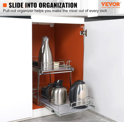 VEVOR Pull Out Cabinet Organizer, 14" Wx21.2 Dx15.2 H Heavy 2 Tier Duty Slide Out Pantry Shelves, Chrome-Plated Steel Roll Out Drawer for Under Sink, 15.5" Wx22.5 Dx19 H Install Size for Cabinet