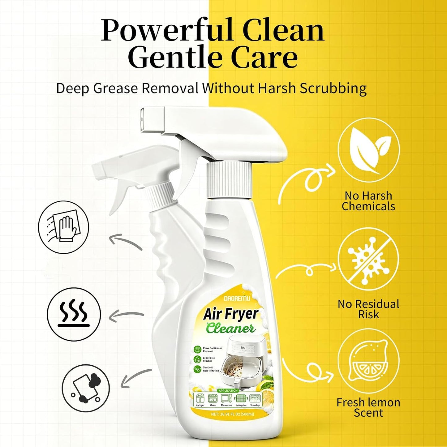 2-in-1 Air Fryer Foaming Cleaner Spray, Lemon Scent, 500ml | Heavy-Duty Degreaser & Grease Remover, Removes Baked-On Food & Oil, Non-Abrasive, Residue-Free