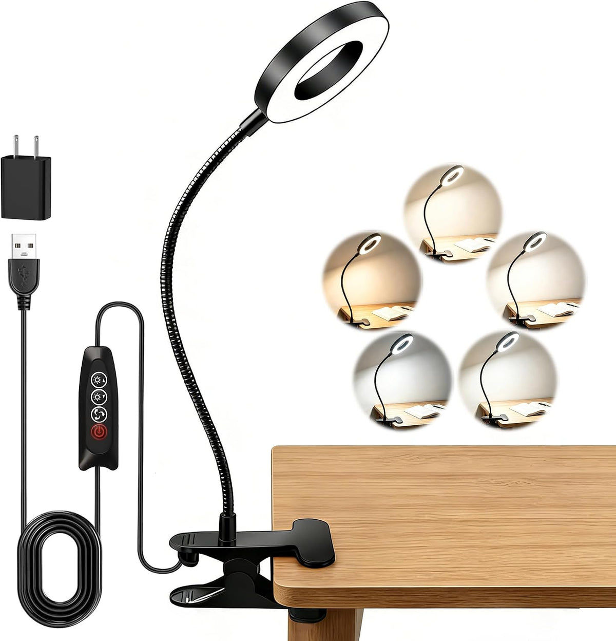 Akynite Desk Lamp Clip on Light, 48 LED Clamp Lamp, 5 Color 10 Brightness