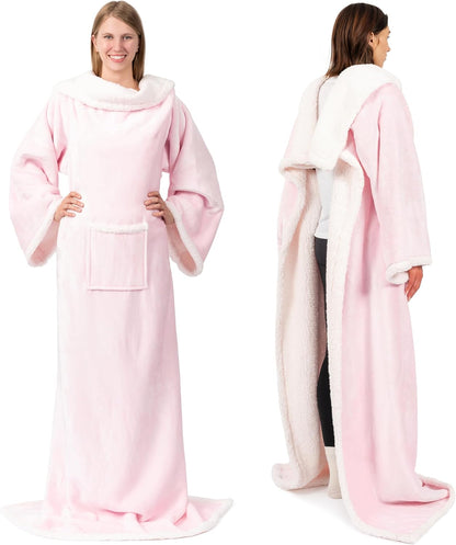 PAVILIA Wearable Blanket with Sleeves and Pocket for Women Men, Sherpa Trim