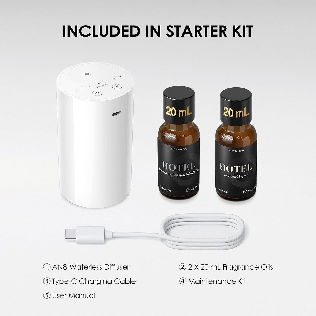 Airversa AN8 Waterless Essential Oil Diffuser Starter Kit, Black