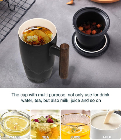 suyika Ceramic Tea Cup with Infuser and Lid Tea Mugs Wooden Handle 400ml/13.5oz Dark Green