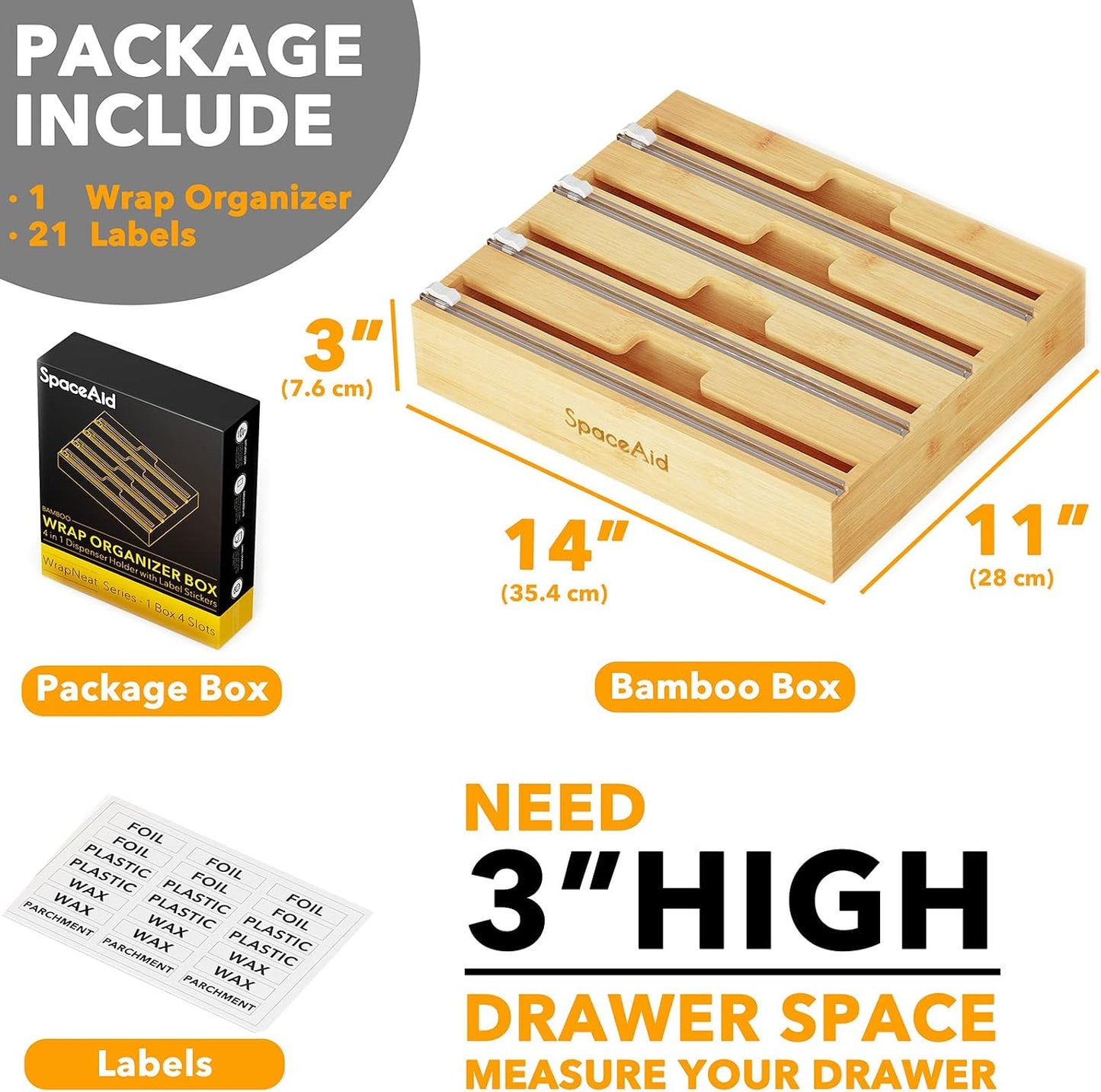 SpaceAid WrapNeat 2 in 1 Wrap Organizer with Cutter and Labels, Plastic Wrap, Aluminum Foil and Wax Bamboo Dispenser for Kitchen Storage Organization Holder for 12" Roll (Natural, 2-Slot)