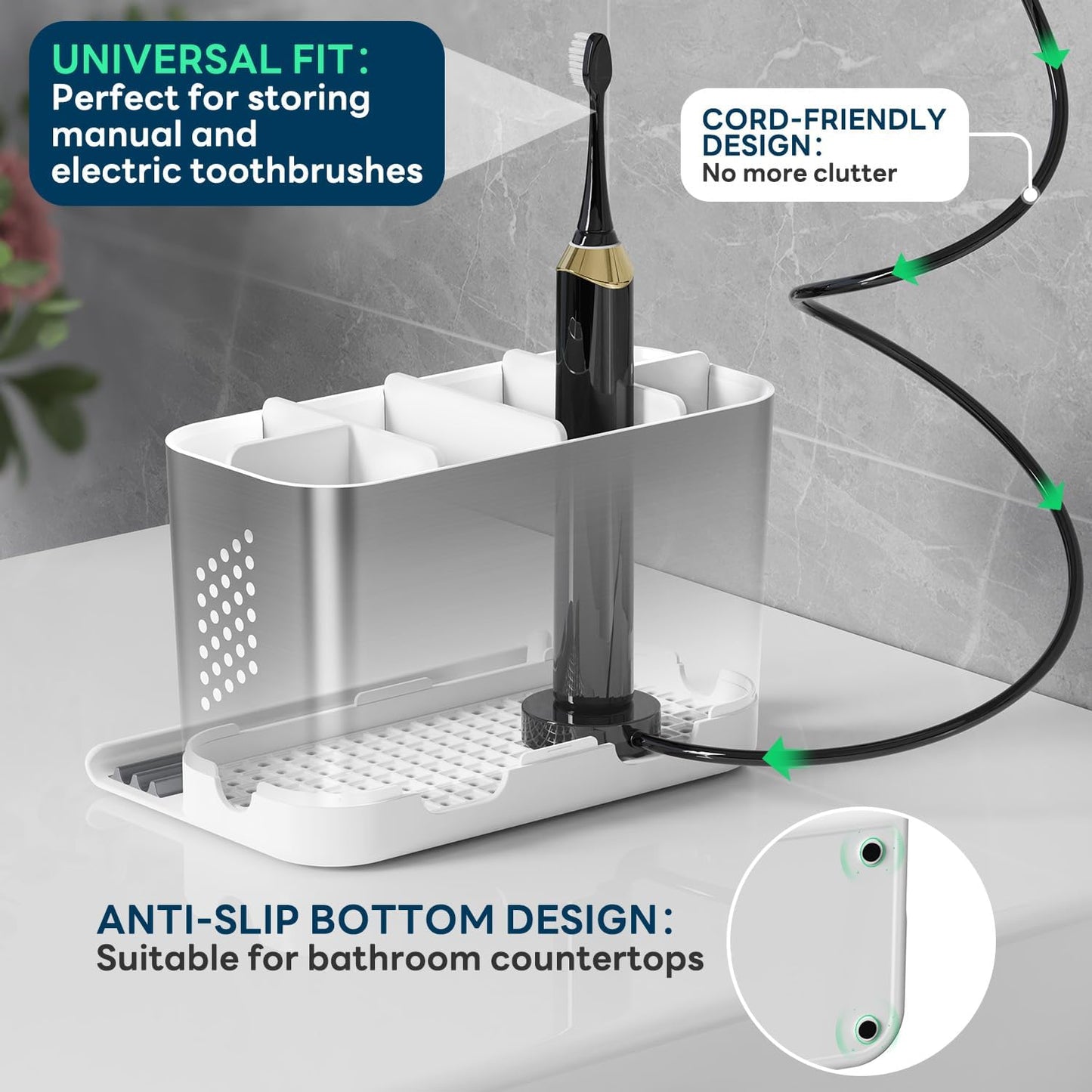 Bathroom Organizers and Storage 6 Slots Wood Grain Electric Toothbrush Holders with Phone Holder and Adjustable Dividers, Cord-Friendly Toothbrush Organizer with Drainage for Family, Kids