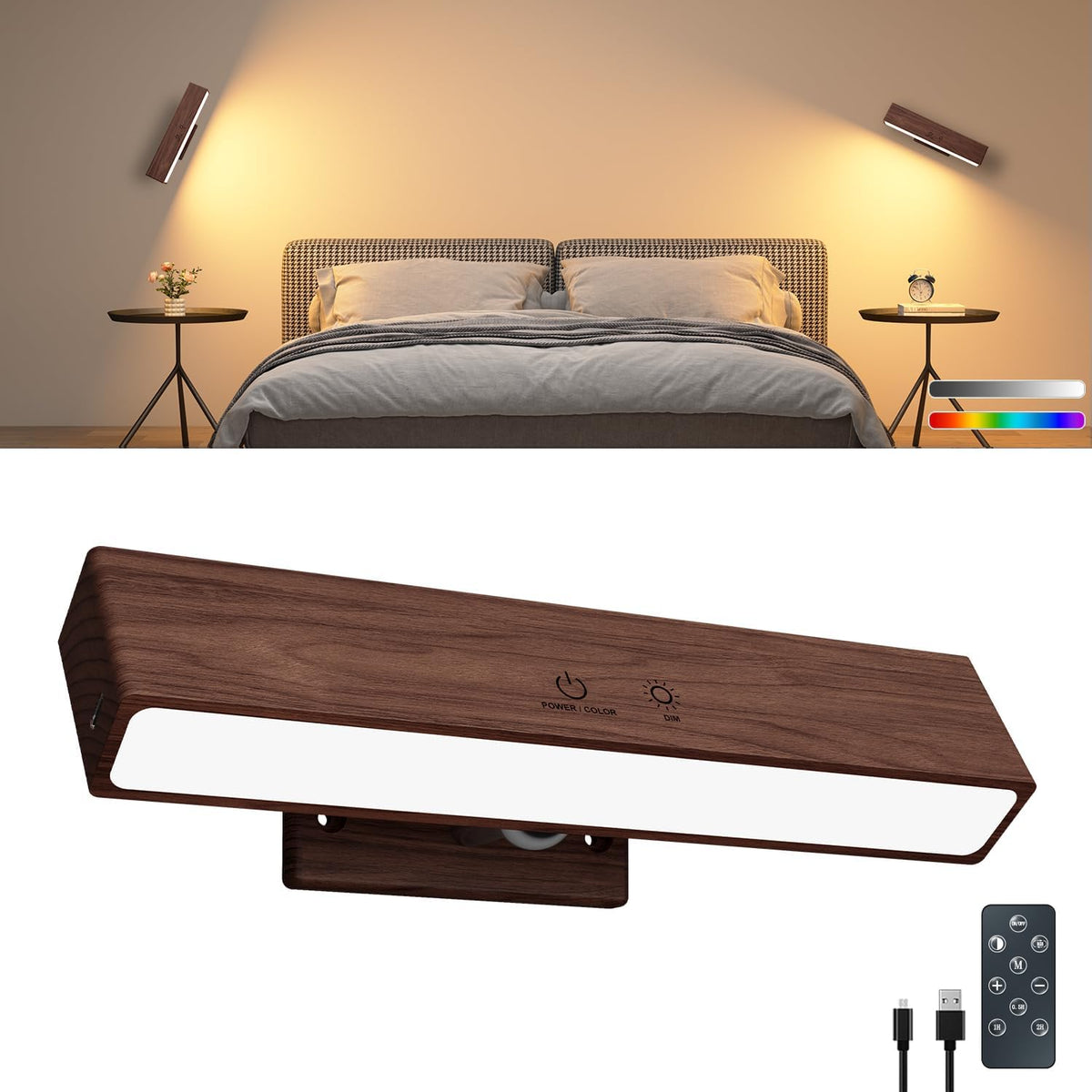 Rechargeable Wood Wall Lights with Remote & Touch, 5200mAh Battery Operated Wall Sconce 3 Color Temperatures & RGB. Magnetic, Stick-On, Dimmable Wall Reading Lamp for Bedroom, Living Room, Picture