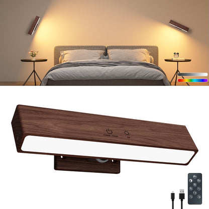 Rechargeable Wood Wall Lights with Remote & Touch, 5200mAh Battery Operated Wall Sconce 3 Color Temperatures & RGB. Magnetic, Stick-On, Dimmable Wall Reading Lamp for Bedroom, Living Room, Picture
