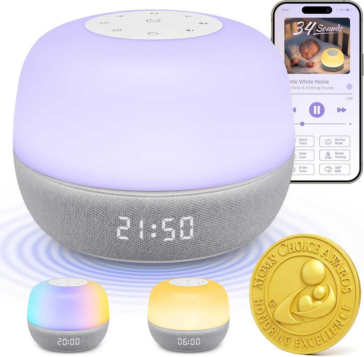 Mewaii White Noise Sound Machine Baby, 34 Sounds, Sunrise Alarm Clock | Mom's Choice Awards, App Control, 360° RGB Night Light, Sleep Soother for Adults & Kids, Newborn Essentials Shower Gift