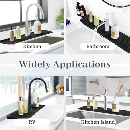 PoYang 23.6 Inch Silicone Sink Splash Guard, Kitchen Sink Mat, Light Grey | Faucet Mat with Wide Drainage & Cuttable Hole, Keeps Faucet Base Dry, Long & Short Sink Protectors for Kitchen, Bathroom & RV