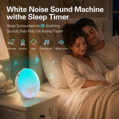 JALL Full Screen Dimmer Sunrise Alarm Clocks for Bedrooms, Wake Up Light with FM Radio, 25 White Noise Sleep Sounds, Bluetooth Speaker, Dual Alarms Bedside Clock for Heavy Sleepers