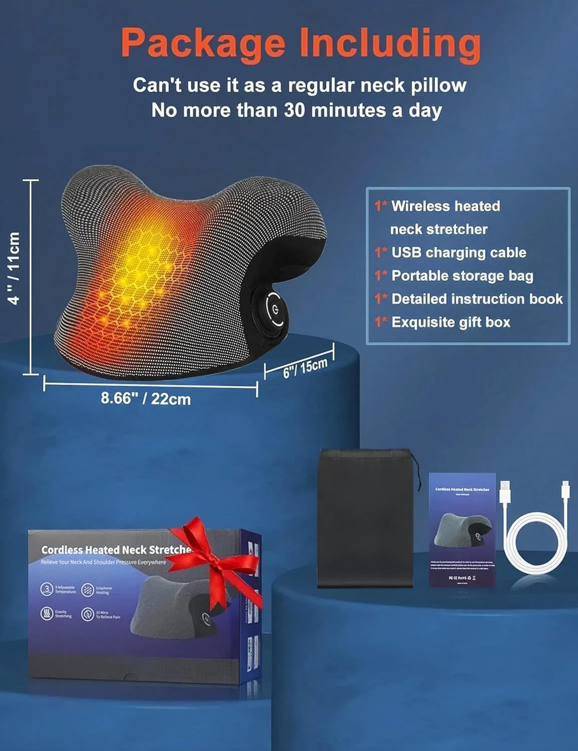 Upalled Wireless Heated Neck Stretcher for Pain Relief, Portable Cordless Neck Shoulder Cervical Traction Device with Graphene Heating Pad No Smell Magnetic Therapy Case Relaxer for Spine Alignme