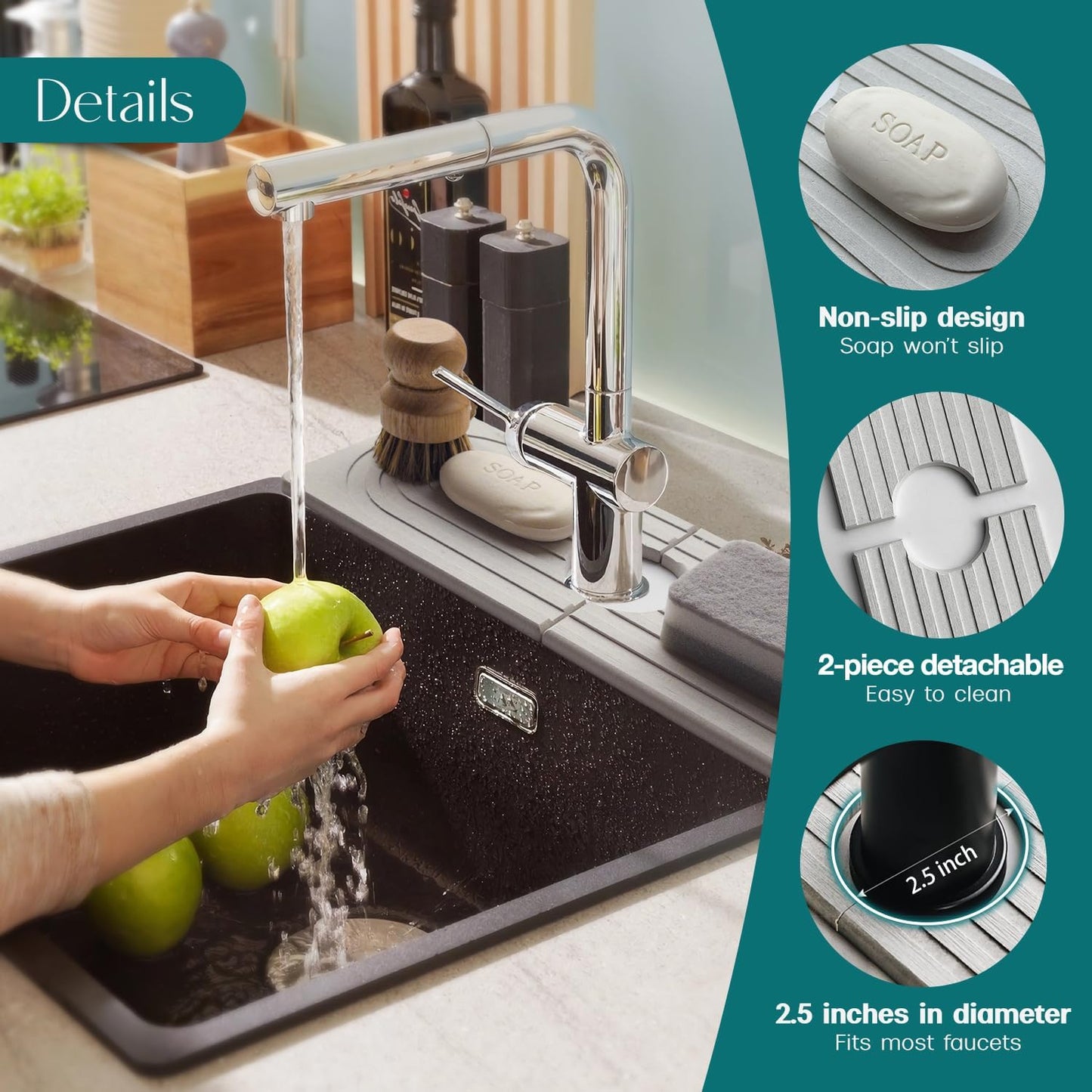 Stone Faucet Mat for Kitchen Sink – Diatomite Drying Stone Mat & Sink Protector, Prevents Moisture – Sink Splash Guard Water-Absorbing Stone Tray for Bathroom Counter (Light Grey, 20" x 3.9")