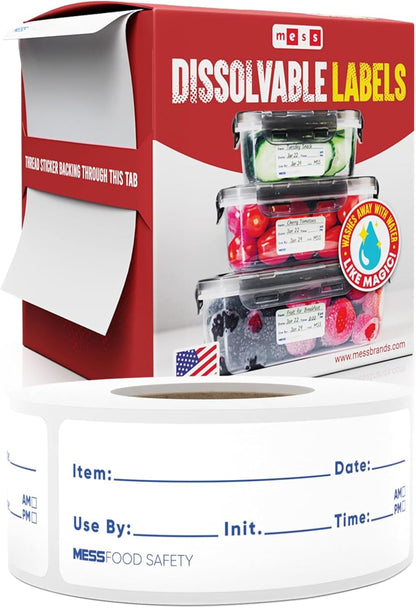 MESS Dissolvable Food Labels, Blank, 1x2 500/Roll - Dissolves in 30 Seconds or Less - Removable Pantry, Meal Prep & Food Storage Labels - Canning & Freezer Use