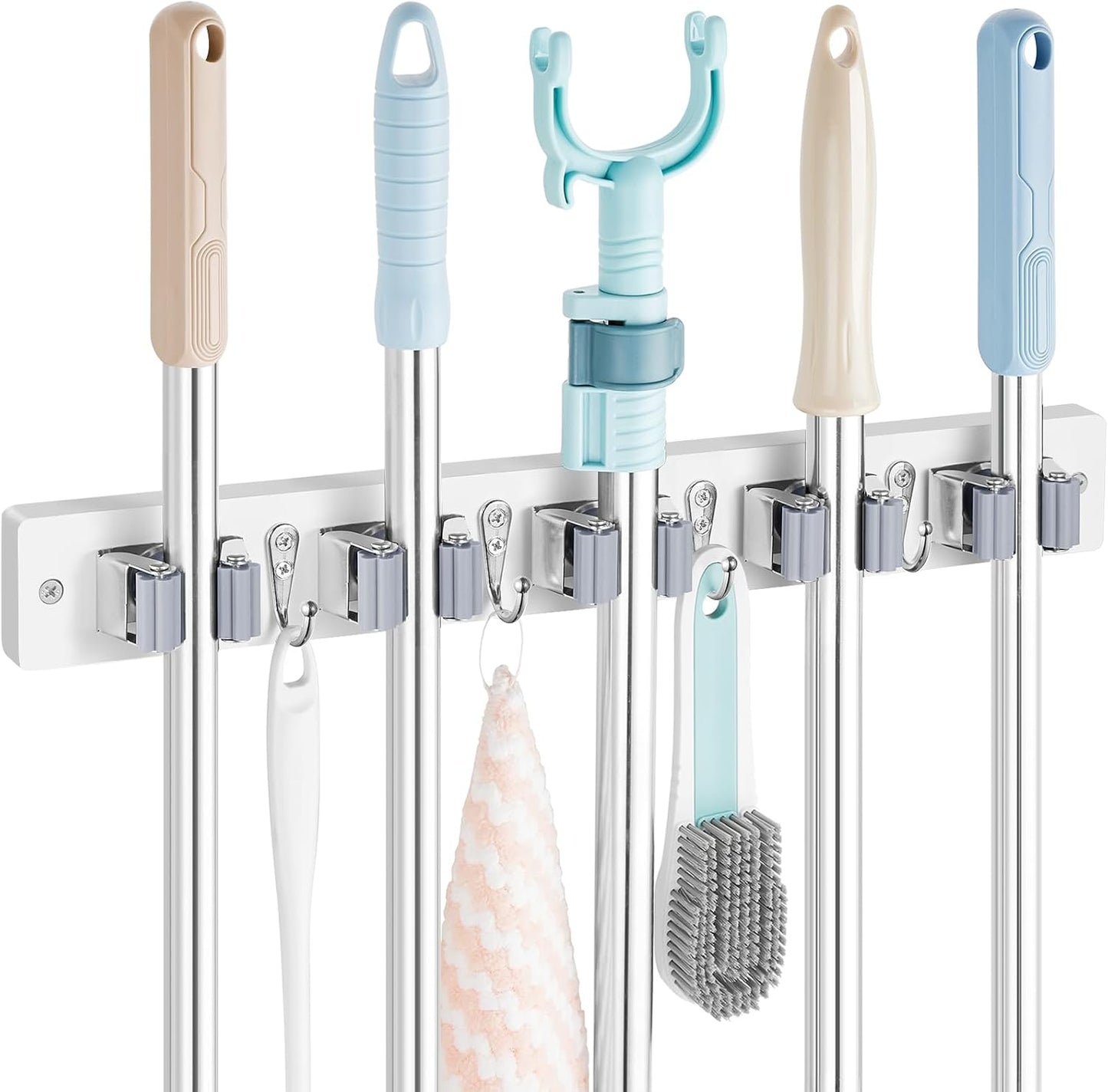 OUTNILI Mop and Broom Holder Wall Mount - Wood Broom Mop Hanger - Wall Mounted Garden Tool Rack Organizer for Closet Garage Laundry Room, Rustic Kitchen Decor With 4 Slots & 4 Hooks