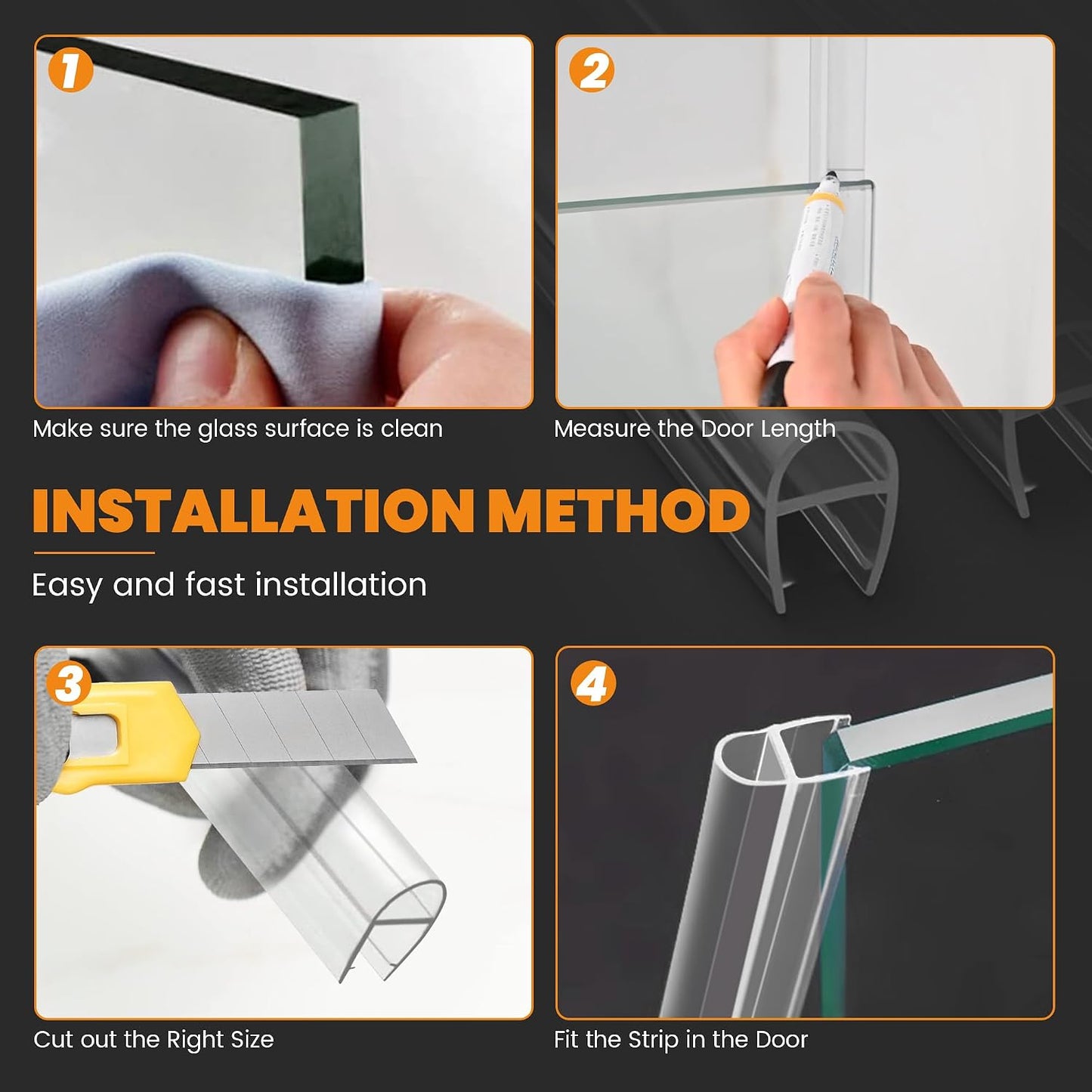 2 PCS Shower Door Bottom Seal, 3/8” X 36” Frameless Shower Glass Door Seal Strip, Clear PVC Shower Door Sweep Stop Shower Leaks, Shower Seal for 3/8 Inch (10mm) Glass