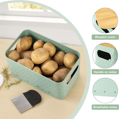 Kitchen Vegetable Storage Set of 3, Metal Onion Garlic Potato Storage Set, Kitchen Canisters Vegetable Keeper Containers with Aerating Holes and Bamboo Lid,Black