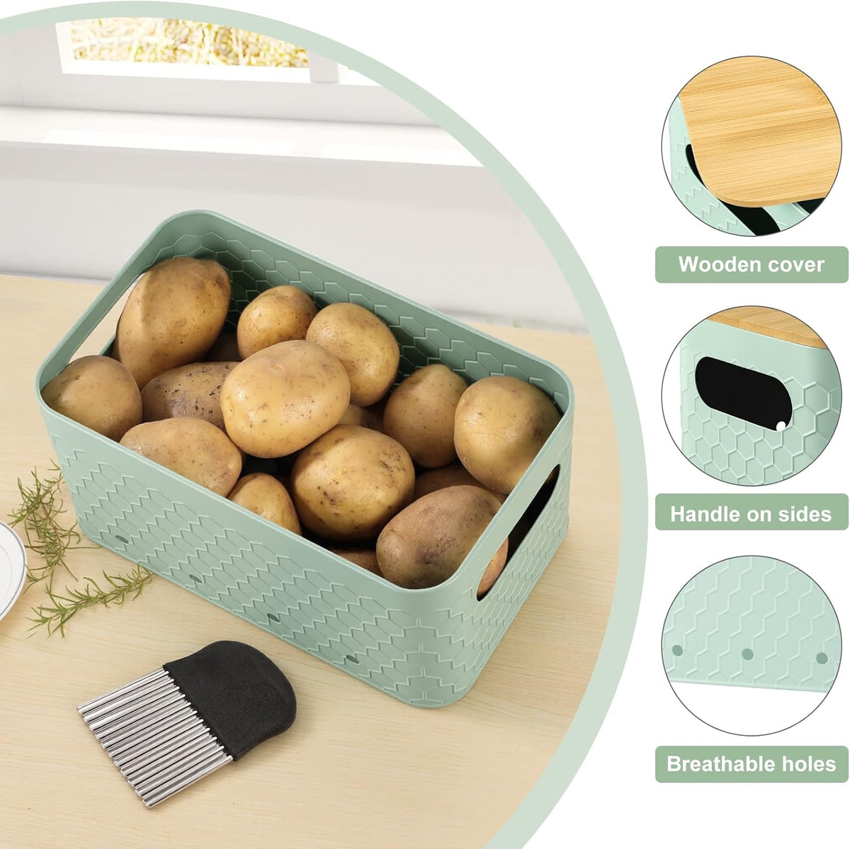 Kitchen Vegetable Storage Set of 3, Metal Onion Garlic Potato Storage Set, Kitchen Canisters Vegetable Keeper Containers with Aerating Holes and Bamboo Lid,Black