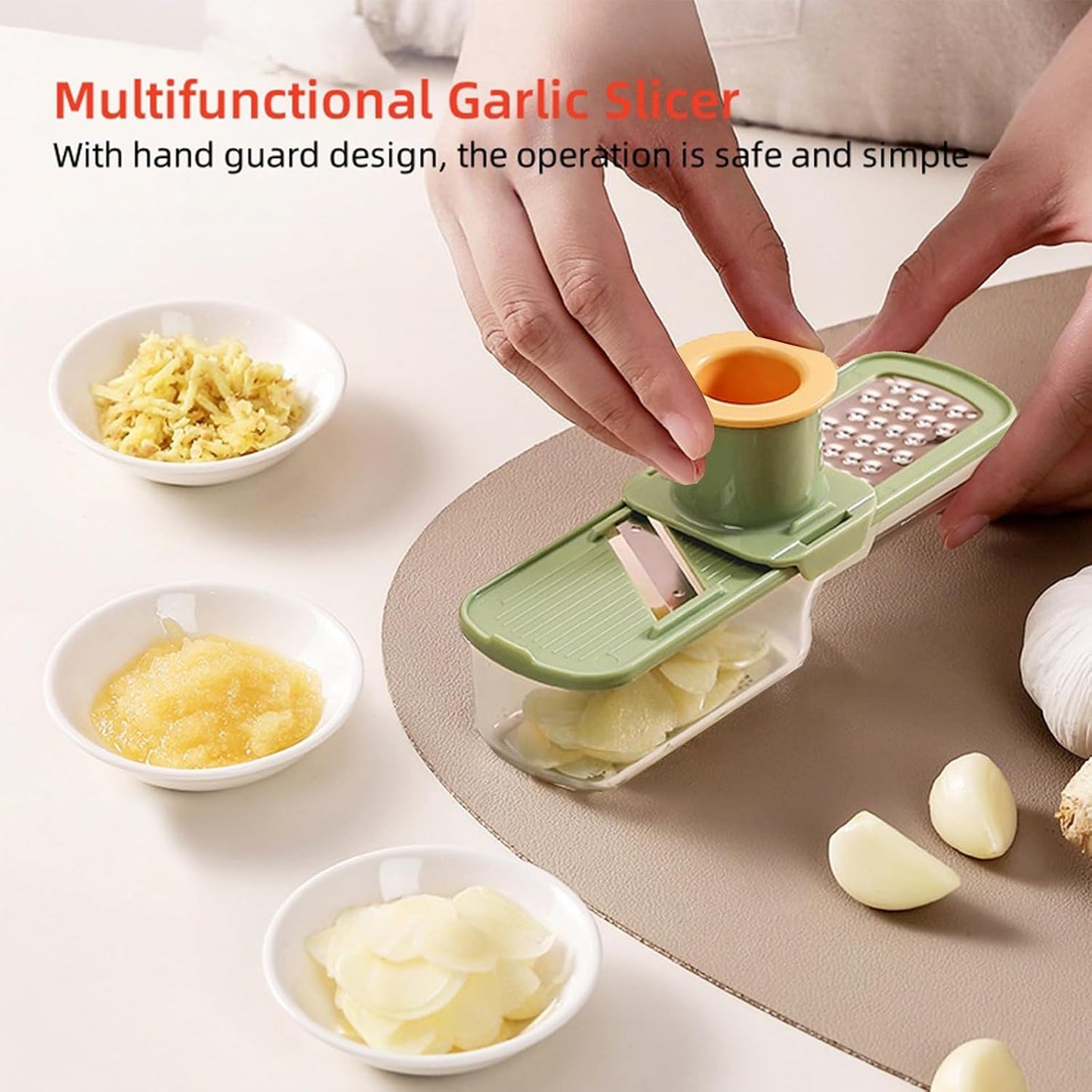 ANIS・KEBBR 3-in-1 Stainless Steel Garlic Grinder Slicer Shredder Easy Clean Safe Kitchen Food Cutter with Hand Guard