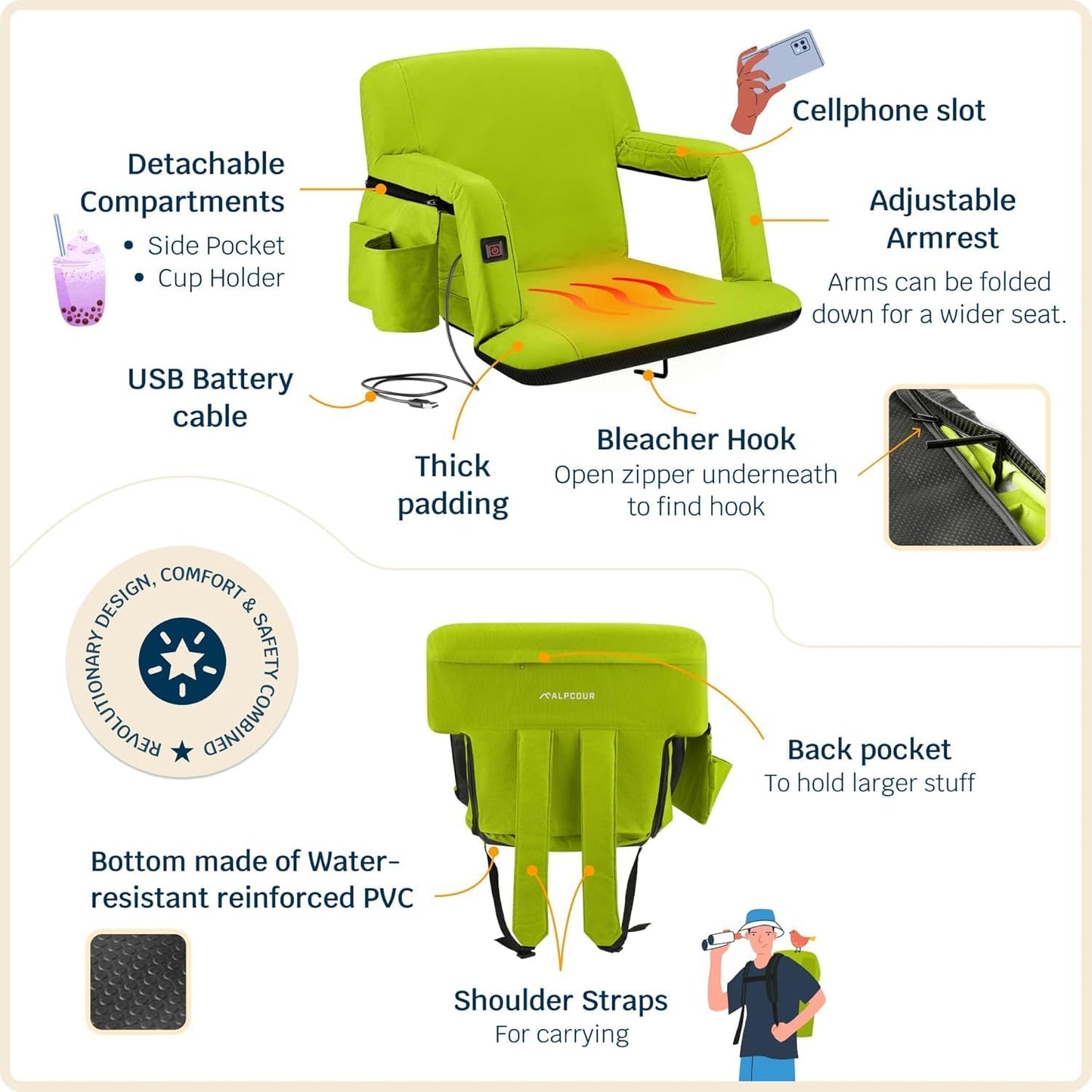 Heated Reclining Stadium Seat for Bleachers – Wide Bleacher Chair with Back Support and Cushion, Armrests, Side Pockets, & Hook – Stadium Seats Chairs for Camping, Kayak, Paddle Board & More