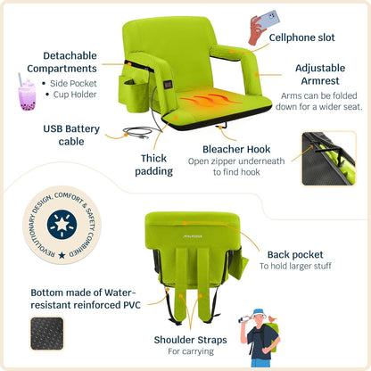 Heated Reclining Stadium Seat for Bleachers – Wide Bleacher Chair with Back Support and Cushion, Armrests, Side Pockets, & Hook – Stadium Seats Chairs for Camping, Kayak, Paddle Board & More