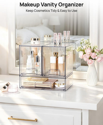Vtopmart Clear Stackable Storage Drawers Set of 6, Plastic Organizer Bins | Multi-purpose Boxes for Bathroom Accessories Storage, Ideal for Cabinet, Shelf, Pantry, Laundry Room Organization