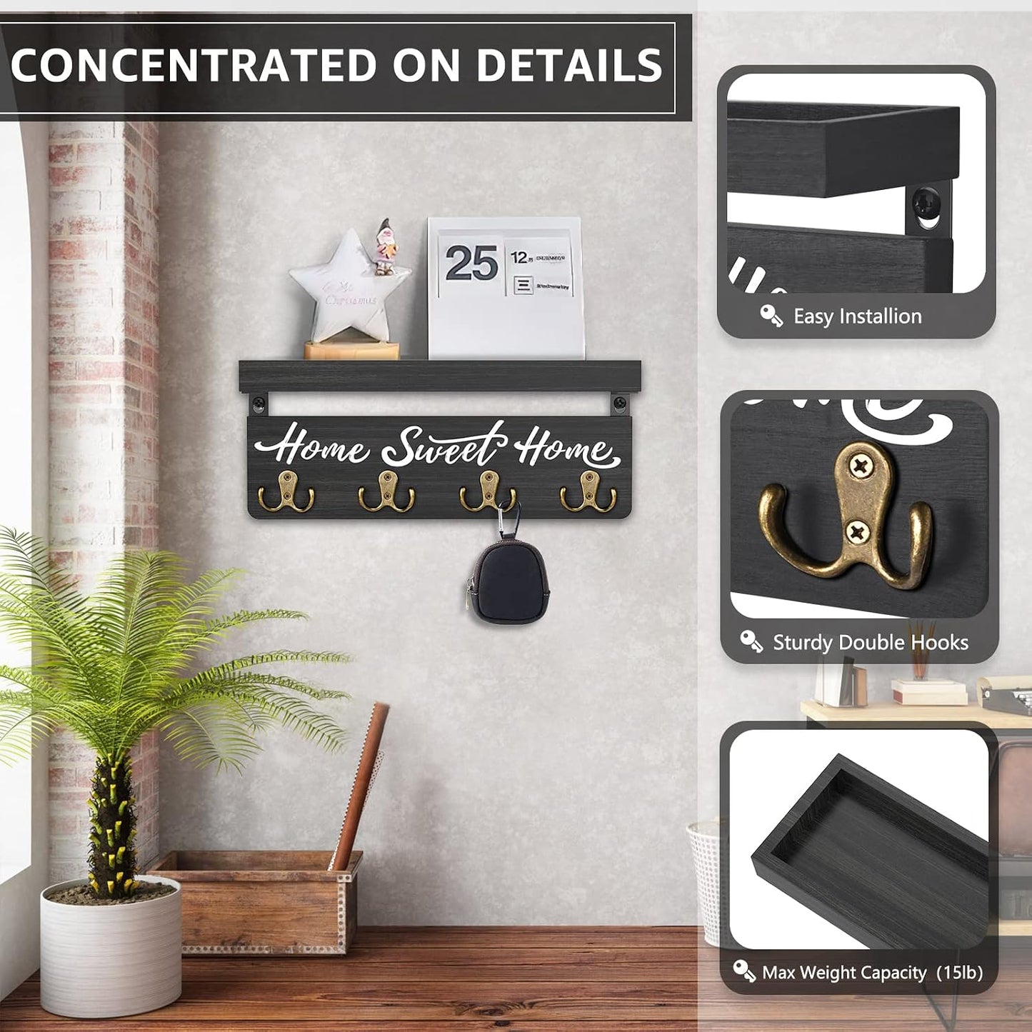 buways Key Holder Wall Mount with 8 Hooks and Cozy Home Sign (Gray) | Solid Wood, Floating Shelf for Keys, Mail, and Daily Essentials in Entryways, Hallways or Home Decor