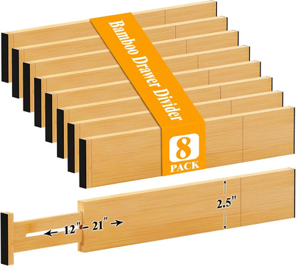 Bamboo Drawer Dividers, 12-21 Inch Kitchen Adjustable Drawer Organizers | Expandable Dresser Separators for Clothes, Ideal for Kitchen, Bathroom, Vanity, Office Organization and Storage, 4-Pack
