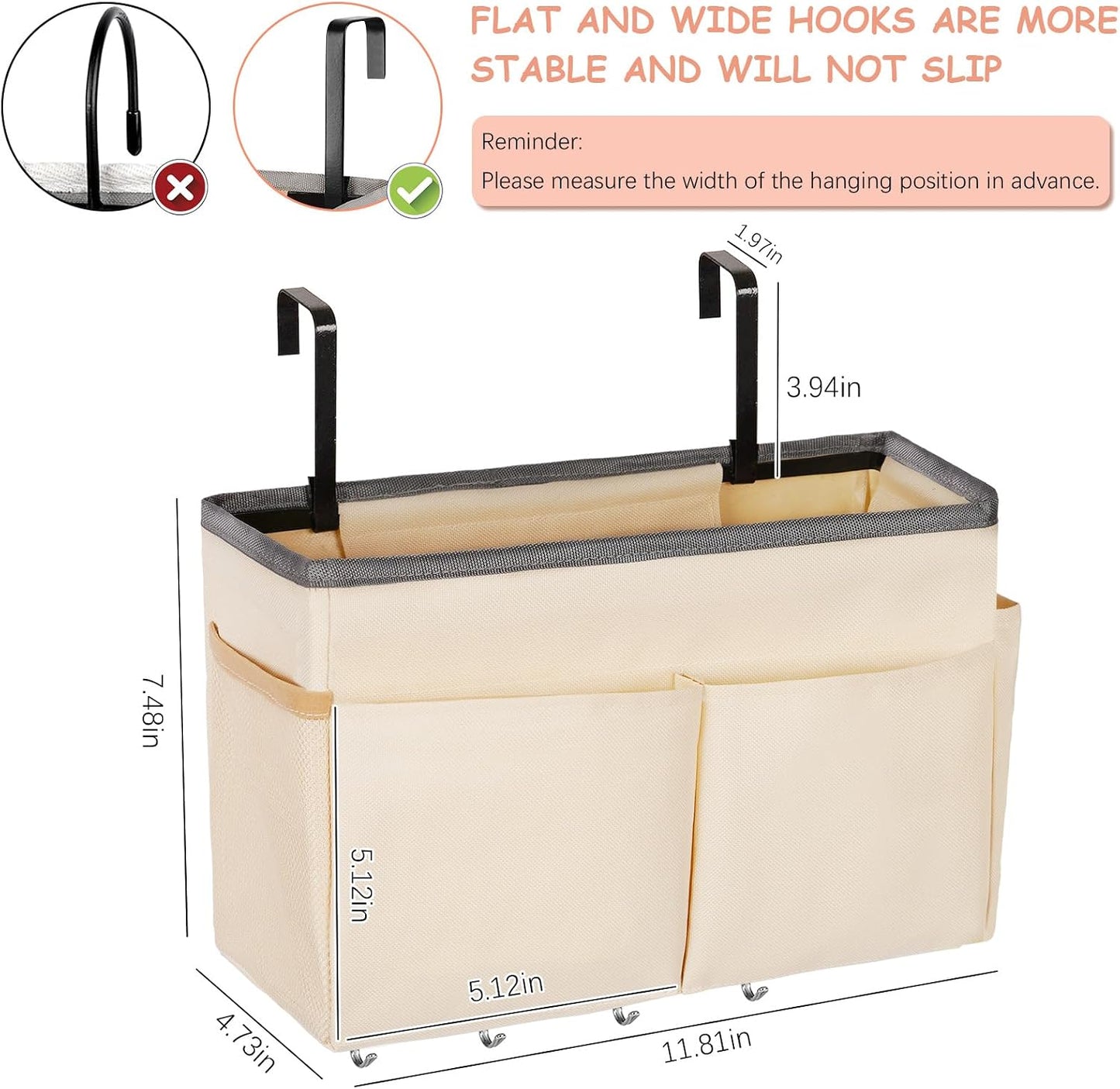 Bedside Caddy Organizer 5 Pockets and 4 Hooks for Bunk Bed Pink | Hanging Storage Bag for Headboards