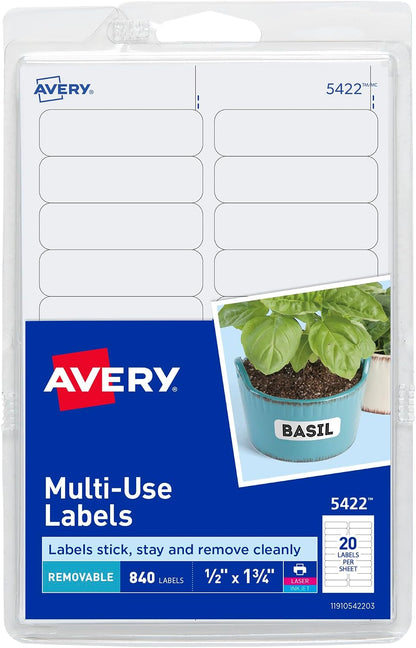 Avery® Self-Adhesive Removable Labels, 0.5 x 1.75 Inches, 840 Per Pack, White Label Stickers (05422)