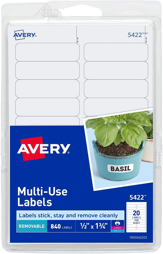 Avery® Self-Adhesive Removable Labels, 0.5 x 1.75 Inches, 840 Per Pack, White Label Stickers (05422)