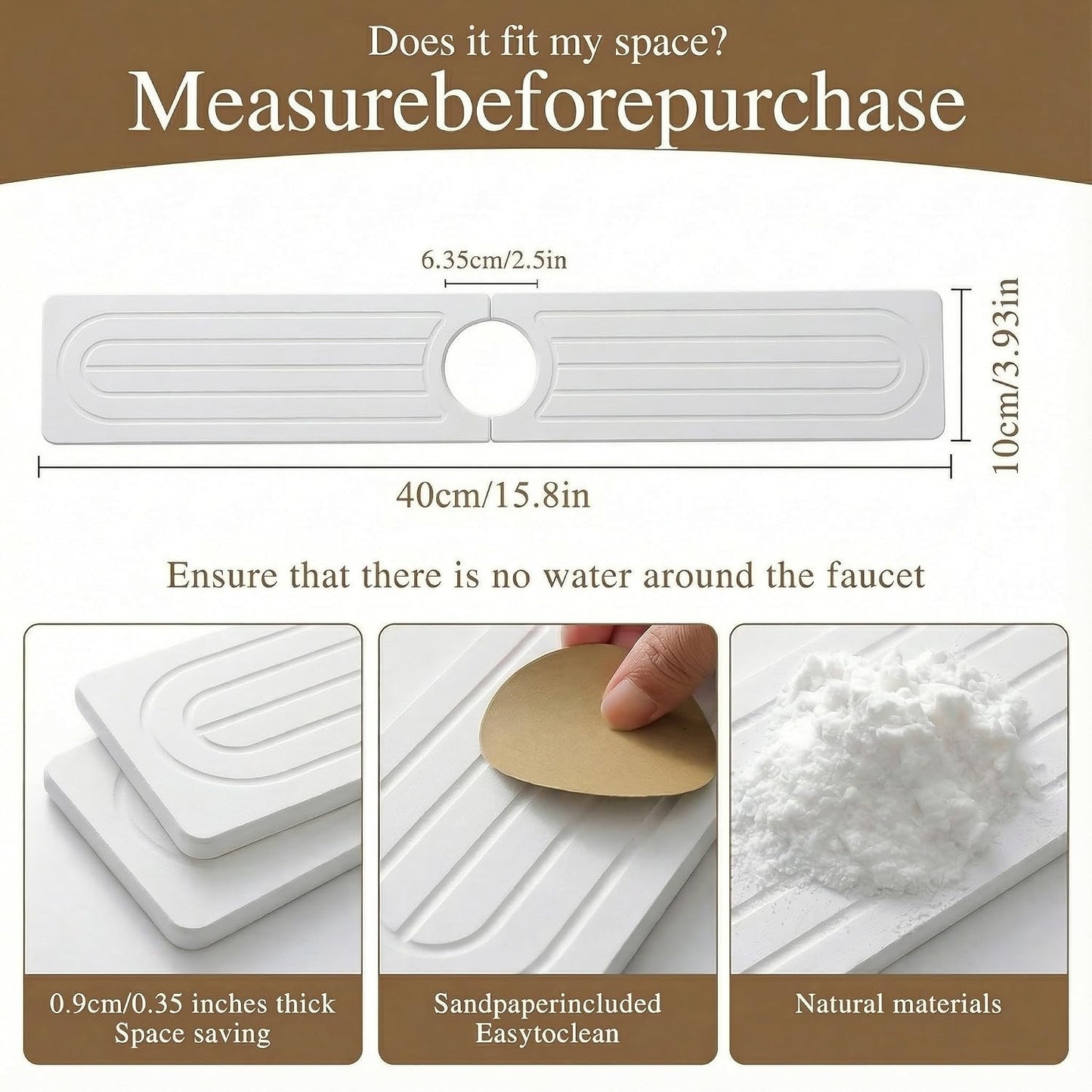 Diatomite Faucet Mat for Kitchen Sink, Quick-Dry Stone-Like Sink Mat, Flat Lay Absorbent Countertop Drying Mat for Faucet Area, Hard Diatomite Mat, Gray, 23.6 x 4 in