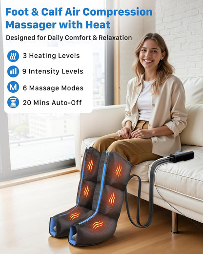 Air Compression Leg Massager with Heat for Foot & Calf Fast Recovery | Sequential Legs Recovery System for Circulation, 9 Intensity, 6 Modes, 3 Heat, for Lower Calf Soothe Aches & Daily Relaxation