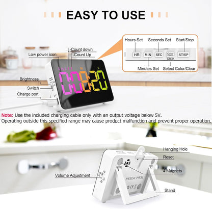 PERSUPER Kitchen Digital Timer, Count Down Up, Rechargeable, Vibration Mode | Adjustable Volume and Brightness LED Display, Time Management Cook, Desk, Kids Adults Study Teaching, Kitchen Gadgets RGB ﻿