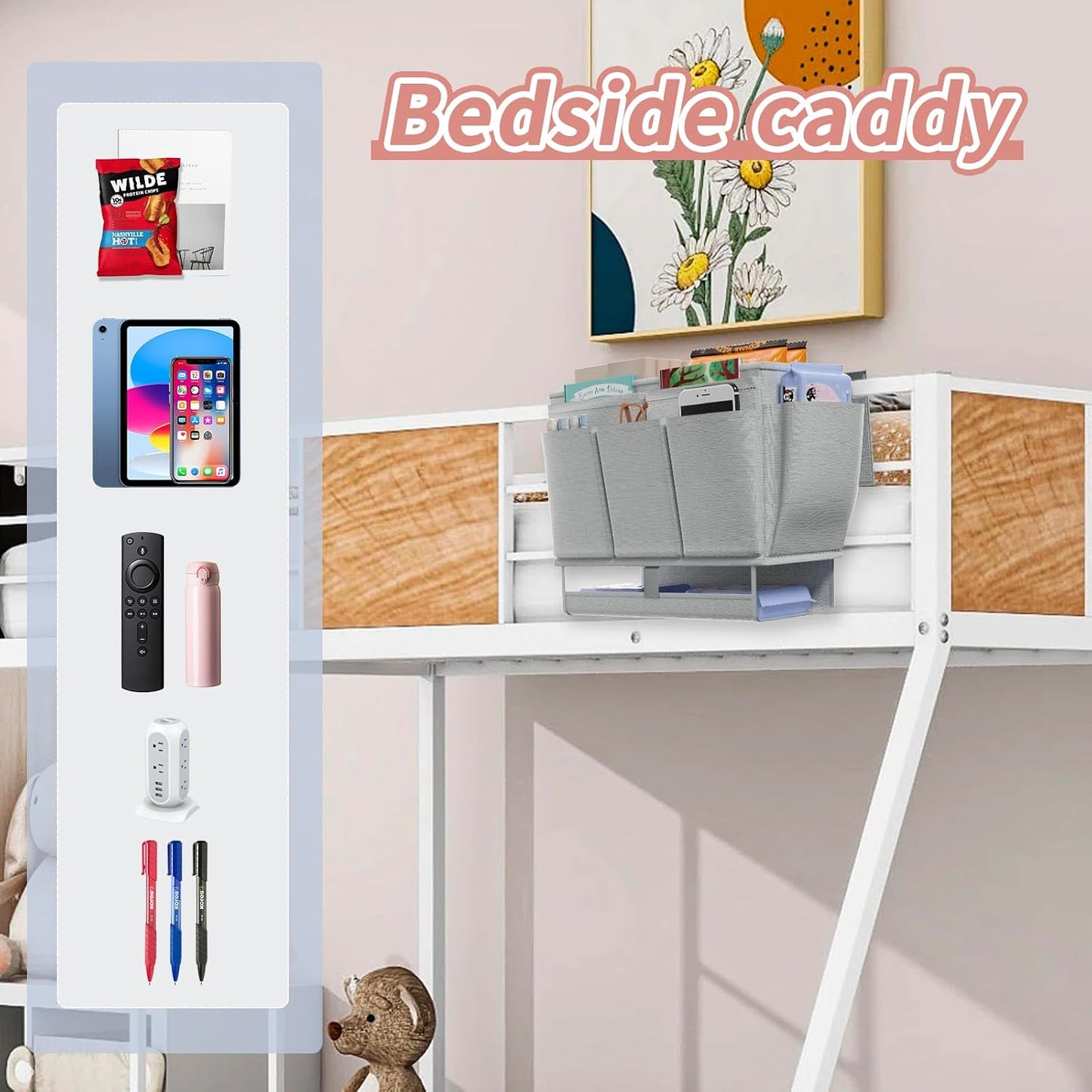 Bedside Caddy Bedside Organizer,Bed Caddy with 11 Pockets and Power Strip Holder,Versatile Bedside Storage Caddy for Home,Dorm,Bunk,Hospital,Crib Bed (Pink)