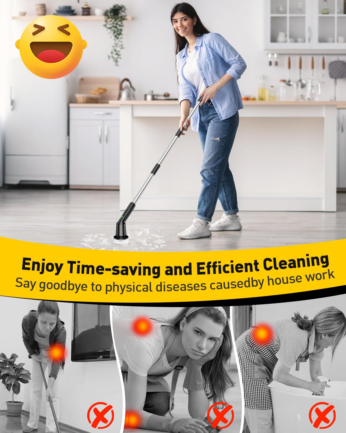 Electric Spin Scrubber for Bathroom, Shower Scrubber with Long Handle | Shower Cleaner Brushes, IPX7 Waterproof & 2 Speed, 3 Brush Heads, 90min Runtime, Bathroom Cleaning Supplies for Toilet Tub