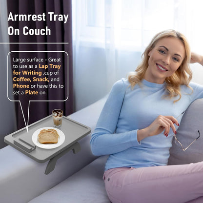 Couch Arm Tray,Bamboo Sofa Clip on Side Table,Foldable Couch Armrest Table with 360°Rotating Phone Holder,Anti Slip Food Trays for Eating/Drinks/Snacks/Remotes 15.35" x 9.85"