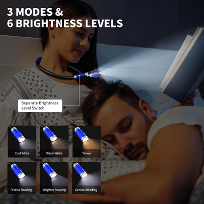 LUXJET Neck Reading Light & Book Light for Reading in Bed - Hands Free, 3 Colors & 6 Brightness Levels, 360° Flexible Arms, 80-Hour Rechargeable - Reading, Knitting, Camping, Repairing