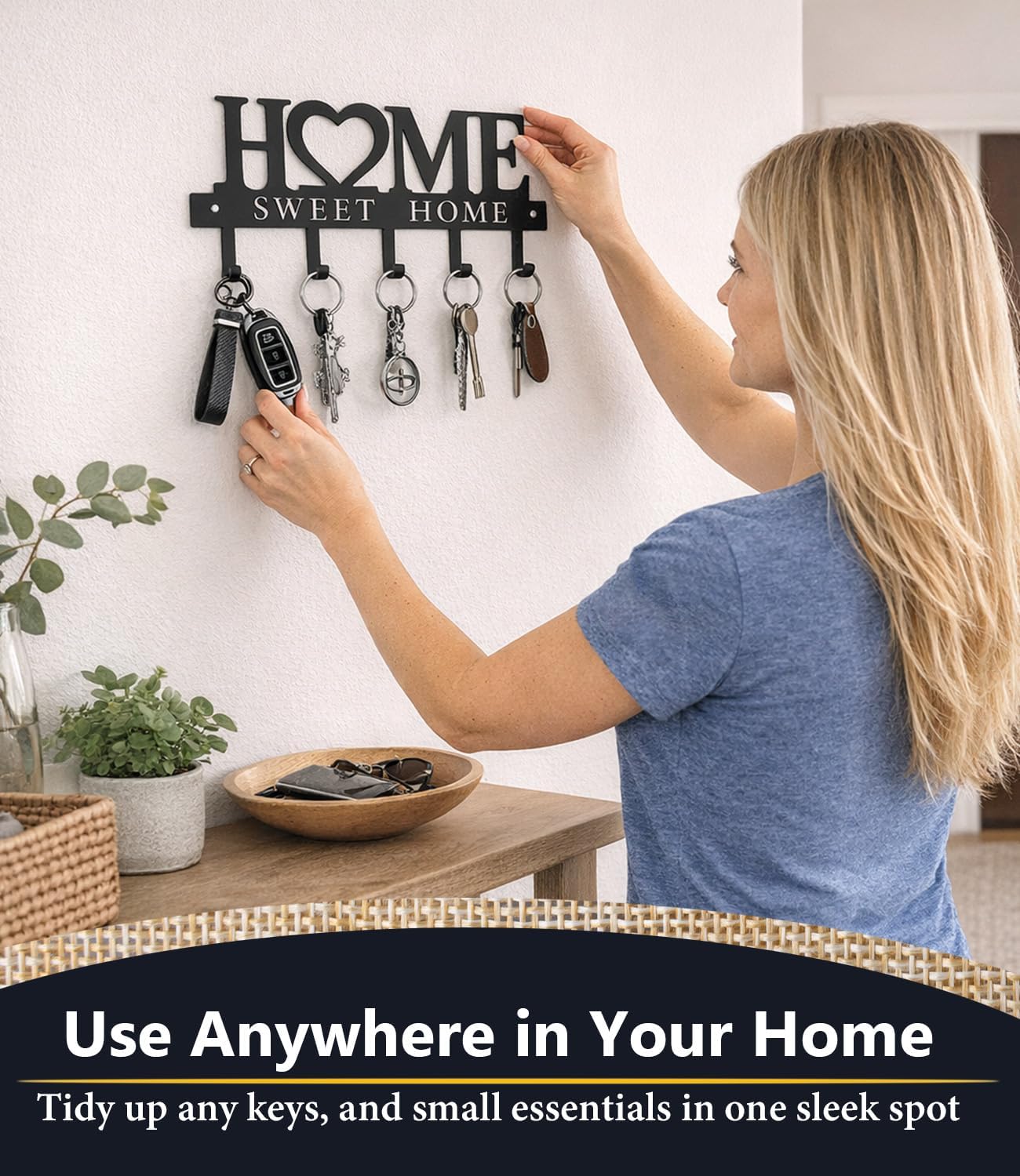 Key Holder Hooks Organizer Shelf Hanger Rack Wall Mounted Sweet Home Metal Decor Stylish and Practical for Entryway Front Door Kitchen Hallway Garage Mudroom Office Hardware Included Black