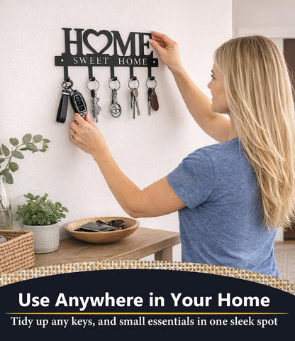 Key Holder Hooks Organizer Shelf Hanger Rack Wall Mounted Sweet Home Metal Decor Stylish and Practical for Entryway Front Door Kitchen Hallway Garage Mudroom Office Hardware Included Black