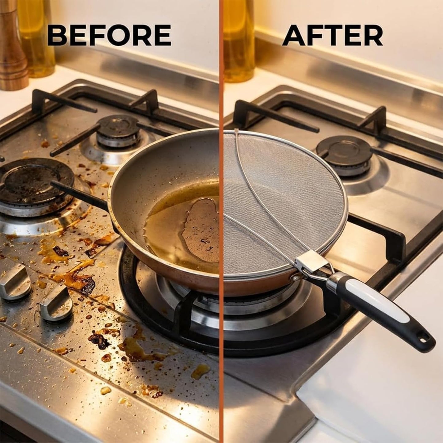 11 Inch Stainless Steel Grease Splatter Screen, Fine Mesh Splash Guard with Adjustable Non Slip Handle, Oil Splash Cover for Frying Pan Skillet Cooking Pot